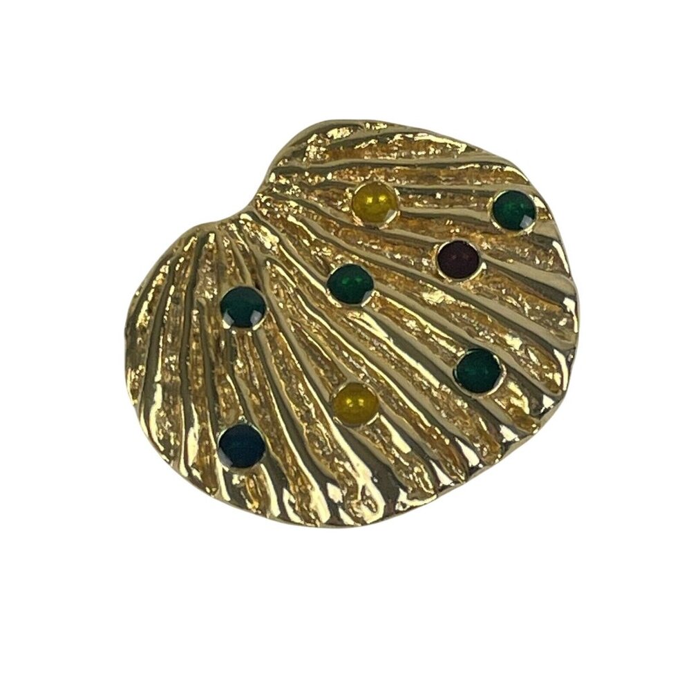 Vintage Seashell Cabochon Pin Estate Nautical Brooch Gold Tone Statement